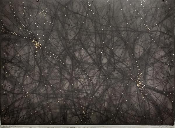 Dark Matter, drypoint with gold leaf and gouache, 22 x 30"